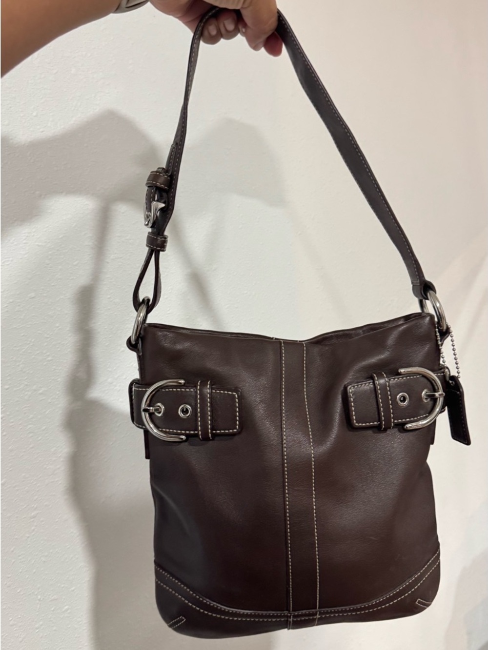 Coach SoHo Slim Duffel Dark Brown Leather Buckle Shoulder Bag